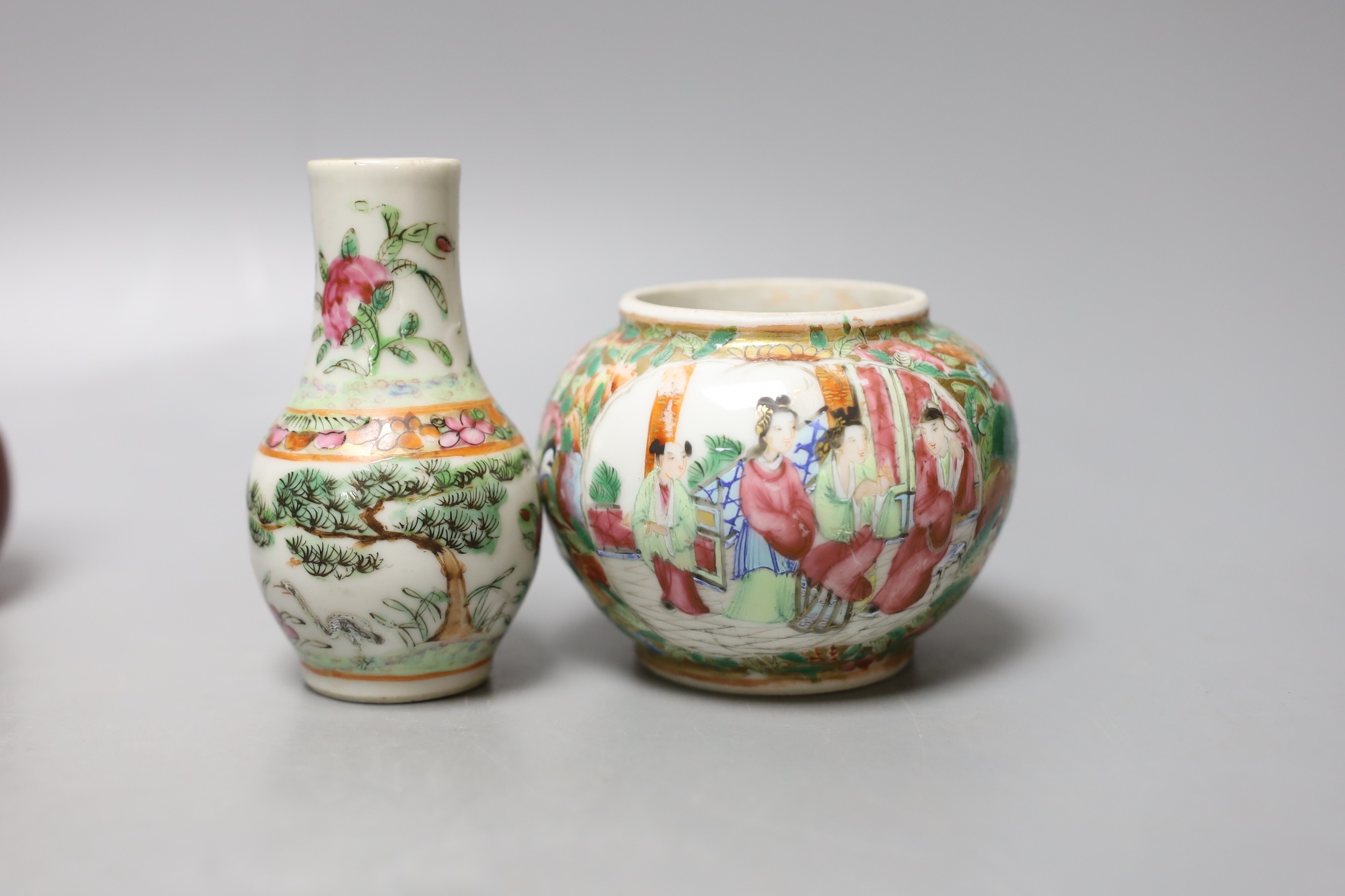 Three 19th century Chinese Canton decorated items and a sang-de-boeuf duck - tallest 10cm